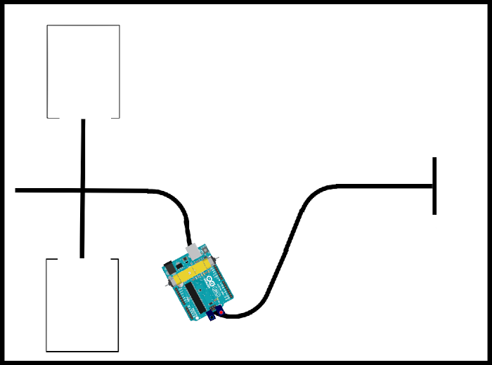 A Robot, represented by an Arduino card with 2 sensors, is halfway on a curved line, with the starting area on the left and the finish line on the right.